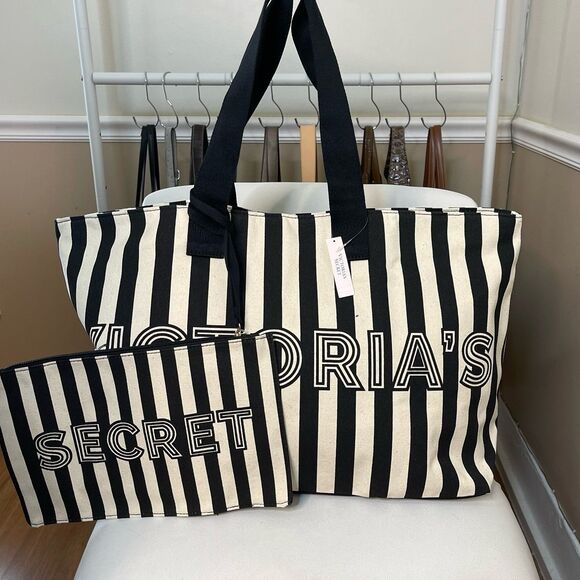 Victoria’s Secret Graphic Stripe Tote Bag & Wristlet Pouch Set - Picture 7 of 10